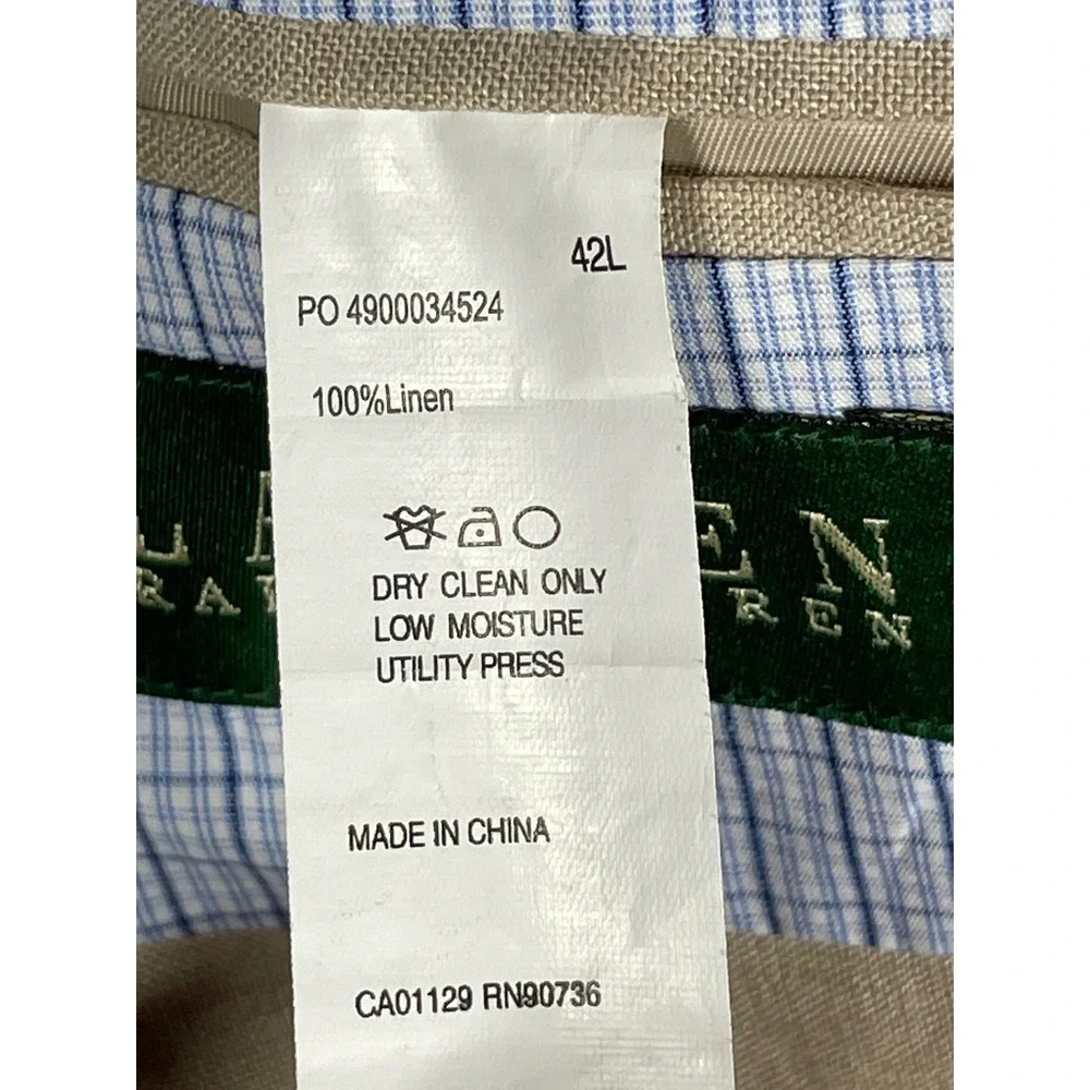 Lauren Ralph Lauren Mens 42L Tan 100% Linen 2-Button Blazer Sport Coat 42 Long